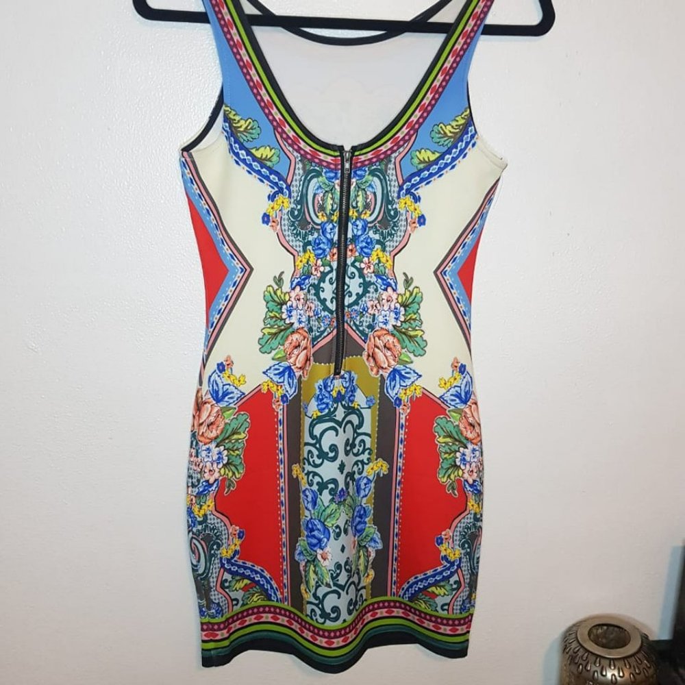 multicolored mini dress by Peachpuff with blue, red, white,brown floral ornament